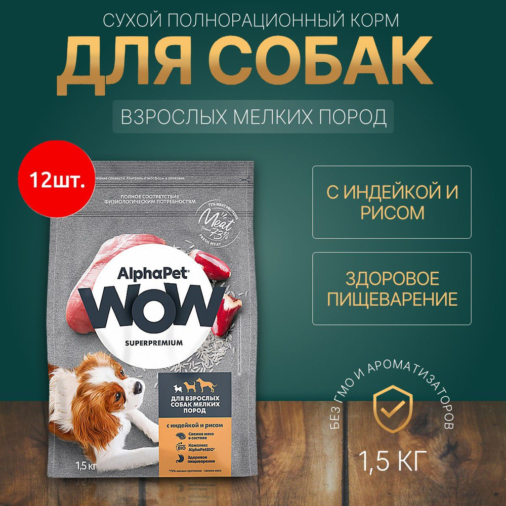 Сухой корм AlphaPet WOW 18000 г (12 упаковок по 1500 грамм) для взрослых собак мелких пород с Индейкой #1