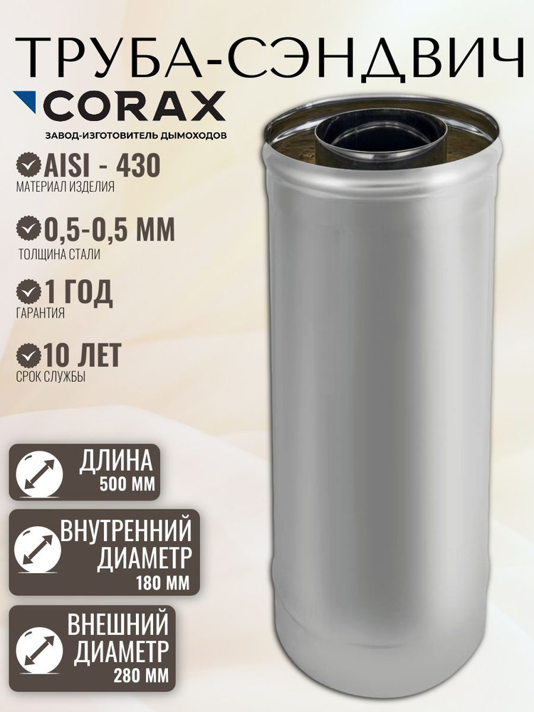 Труба-сэндвич для дымохода Ф 180х280 L 0,5м (430/0,5х0,5) CORAX #1