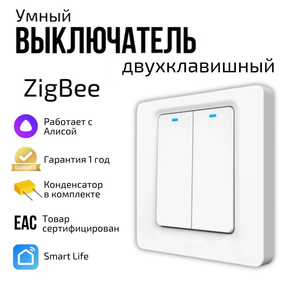 Умный выключатель ZigBee с Алисой, двухклавишный, с конденсатором, белый  #1