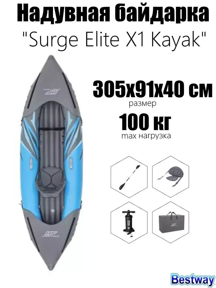 Надувная байдарка "Surge Elite X1 Kayak" 305x91х40см, алюм.весло 230см, насос 62086, до 100кг  #1