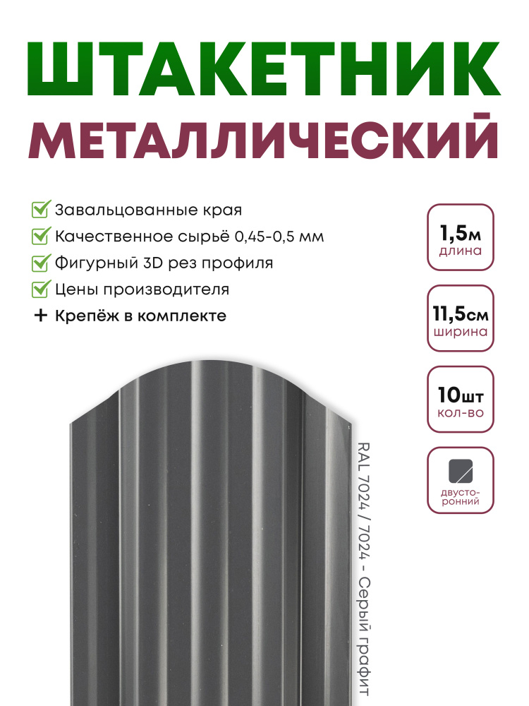 Штакетник металлический, Евроштакетник Стандарт, Двухсторонний окрас, цвет 7024/7024 Серый графит двухсторонний, #1