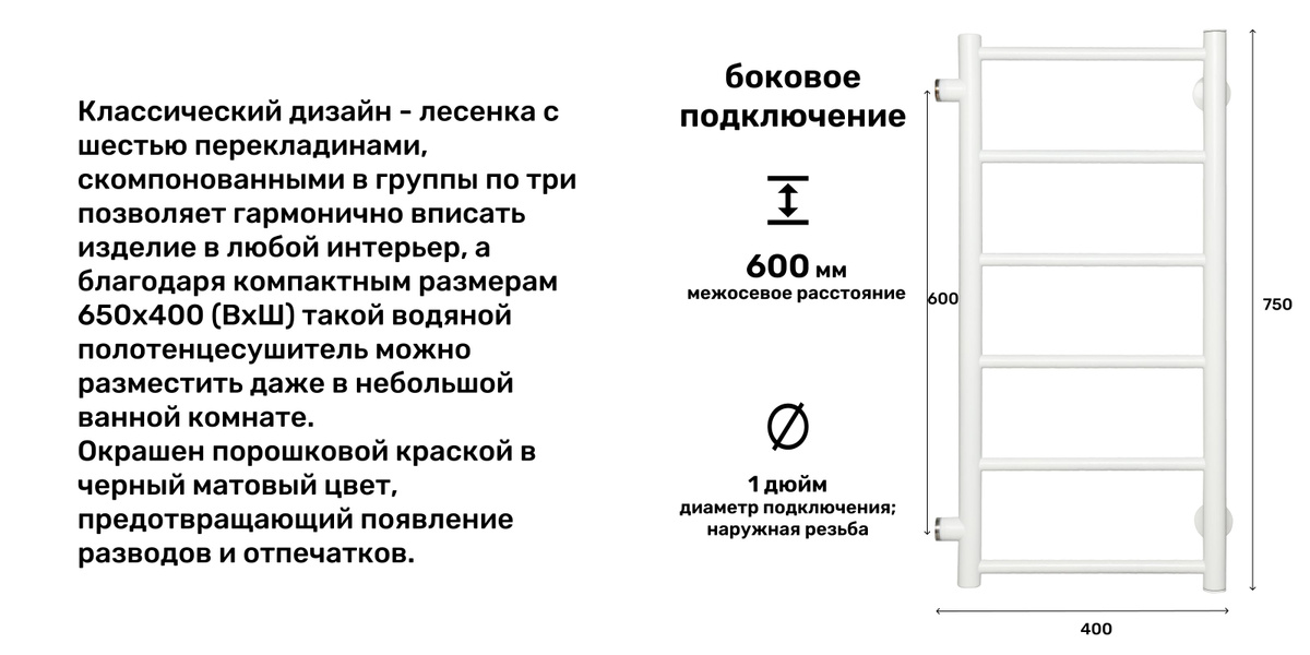 Водяной полотенцесушитель боковое подключение 1 дюйм