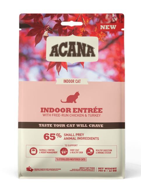 Acanaдлякошекстерилизованныхкормнизкозерновойскурицей,индейкойирыбойINDOORENTREE340ГРАММ
