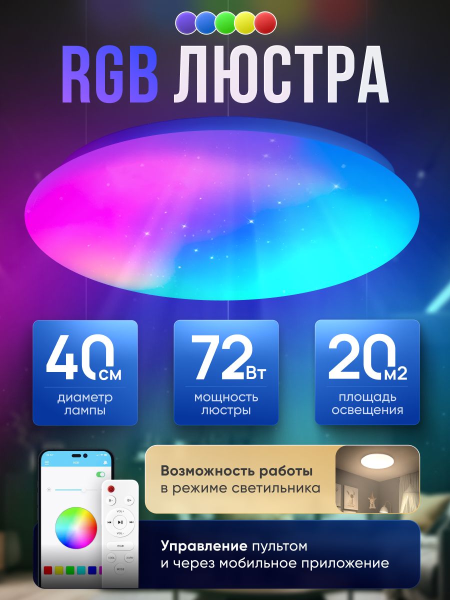 Люстрапотолочнаясветодиодная72Вт,40смRGBспультом