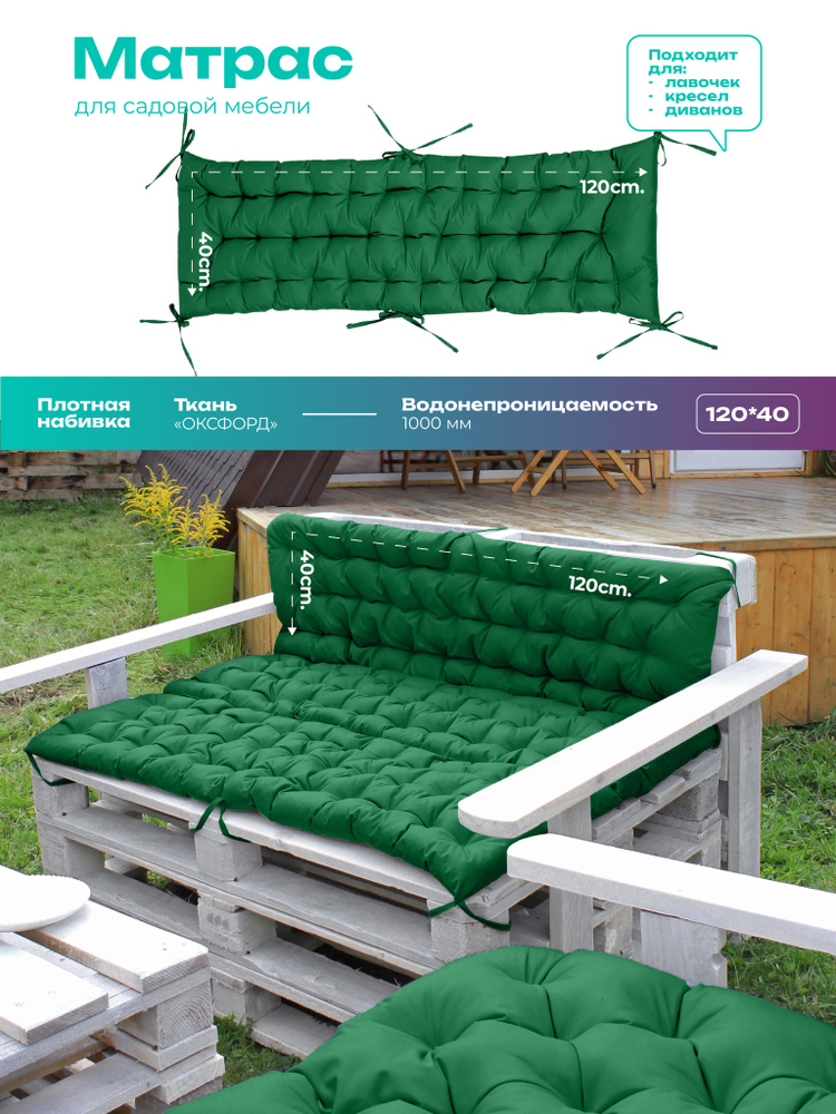 Матрас для садовой мебели и скамейки, лавки Bio-Line 40х120 см с завязками для дома и дачи с водоотталкивающей #1