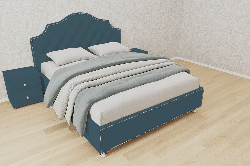 Односпальная кровать Мария с кареткой 80x200 основание металлическое с ламелями велюр бирюзовый ножки #1