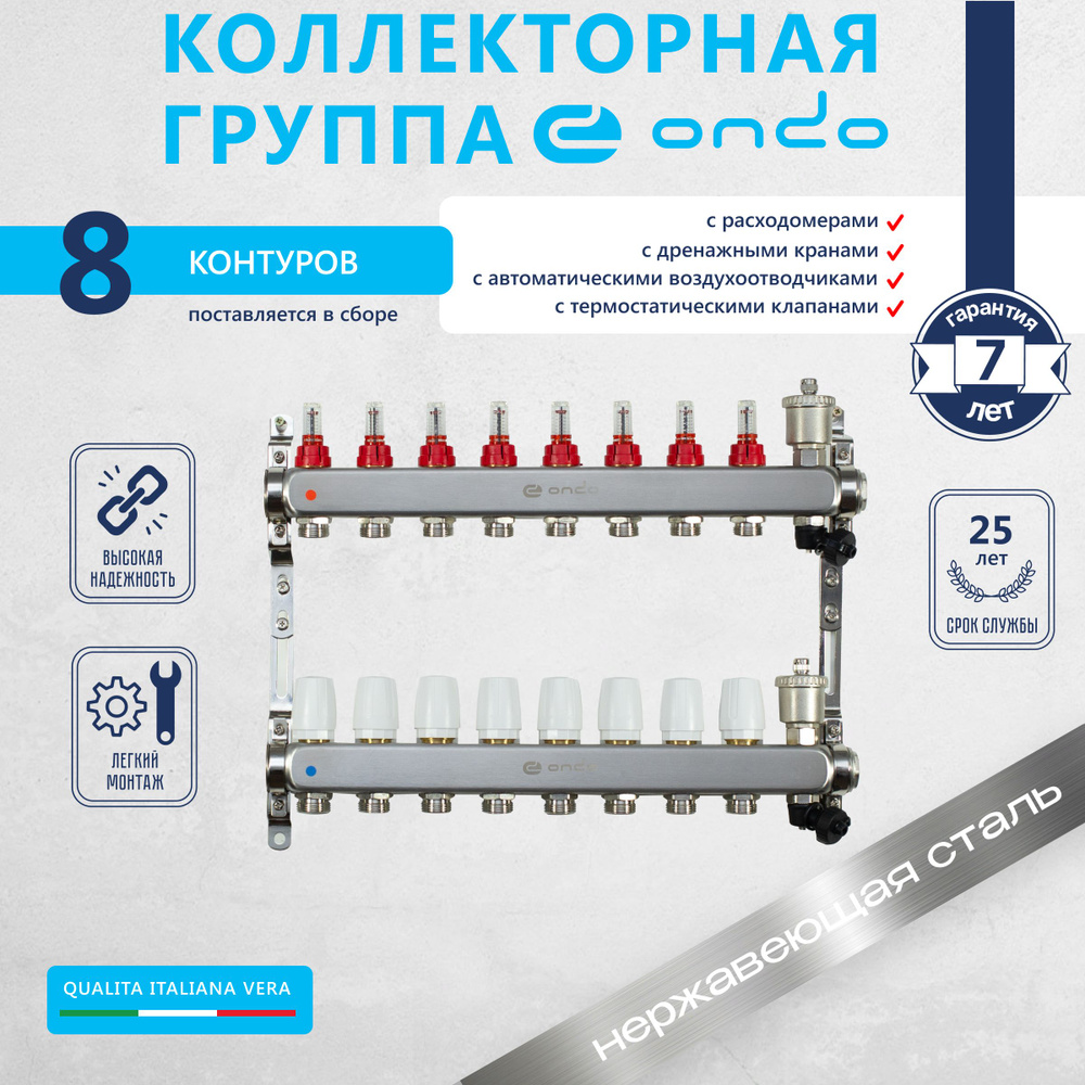 Коллектор для теплого пола и радиаторов ONDO на 8 выходов с расходомерами и термостатическими клапанами #1
