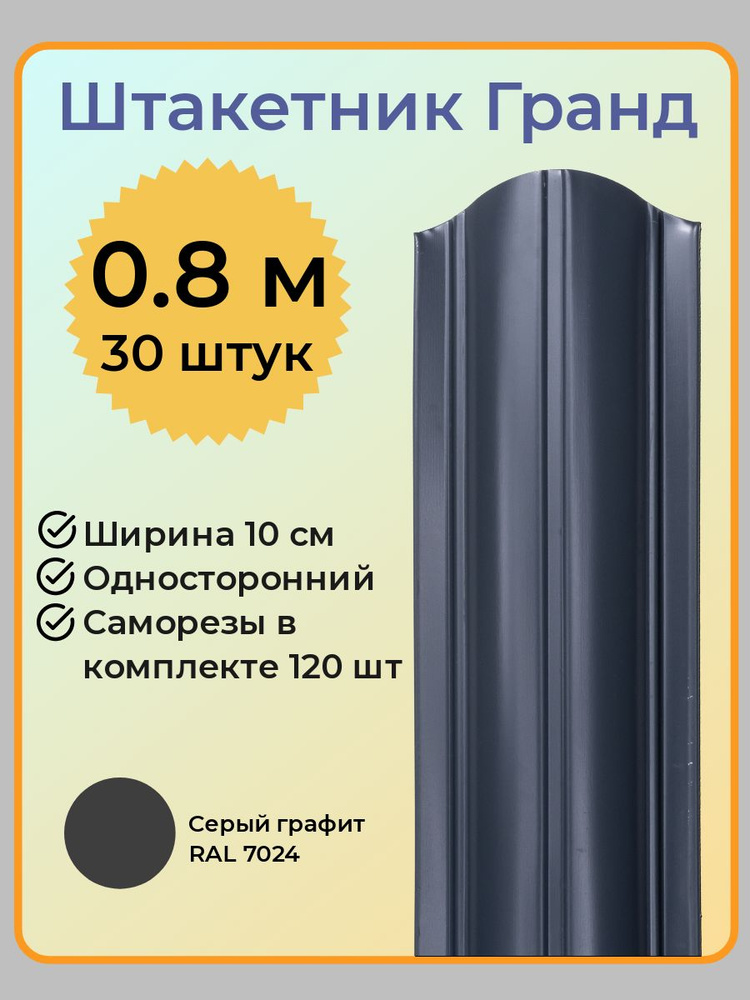 Евроштакетник ГРАНД 0,8 м высота, 10 см ширина, одностороннее покрытие, верх закруглен, комплект 30 штакетин #1