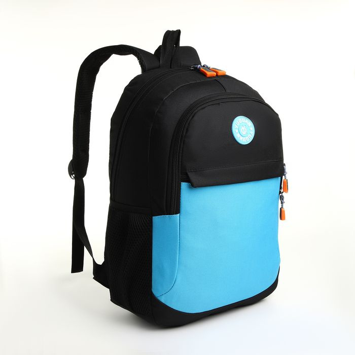 Рюкзак школьный, 2 отдела молнии, 3 кармана, цвет чёрный/голубой (оранжевые замки)  #1