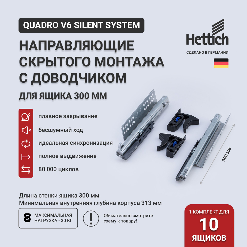 Направляющие для ящиков скрытого монтажа Hettich Quadro V6 Silent System с доводчиком, длина 300 мм, #1