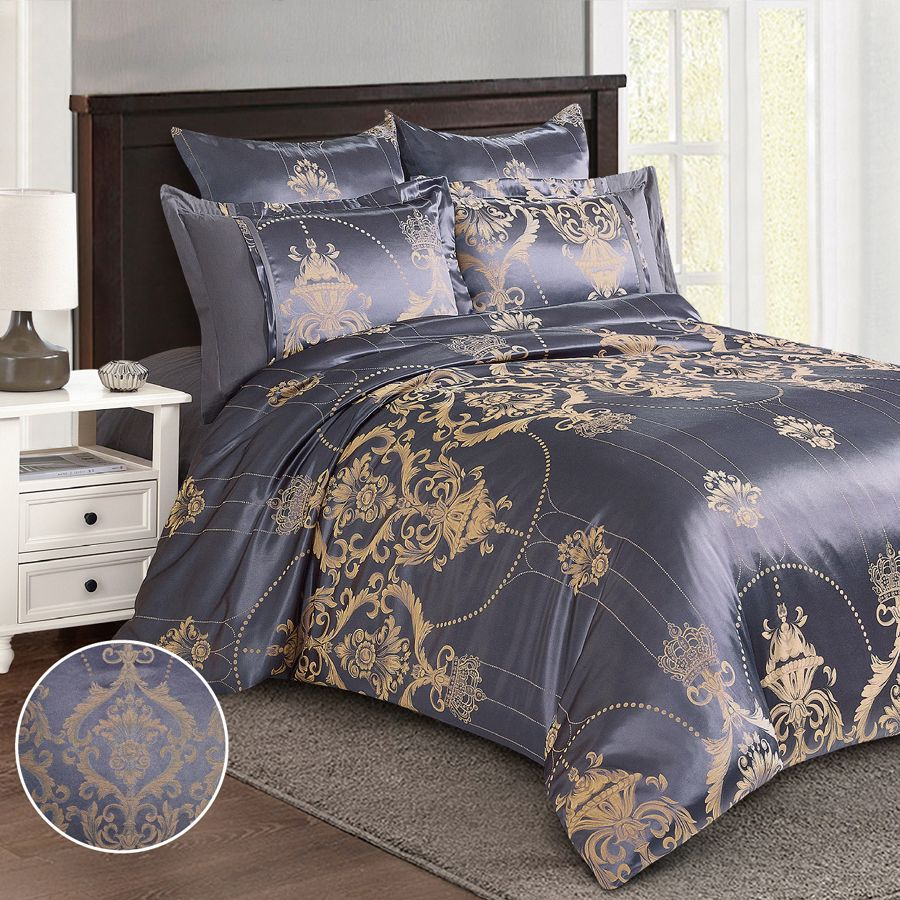 Постельное белье евро синее однотонное с узором Cleo Satin Jacquard комплект пододеяльник на молнии сатин #1