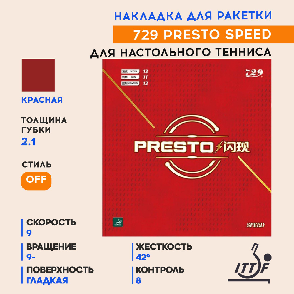 Накладка для ракетки настольного тенниса Presto Speed (цвет красный, толщина 2.1)  #1