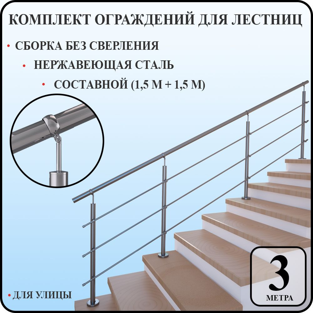Перила для лестницы комплект легкий монтаж из нержавеющей стали 3 м. п. для улицы  #1