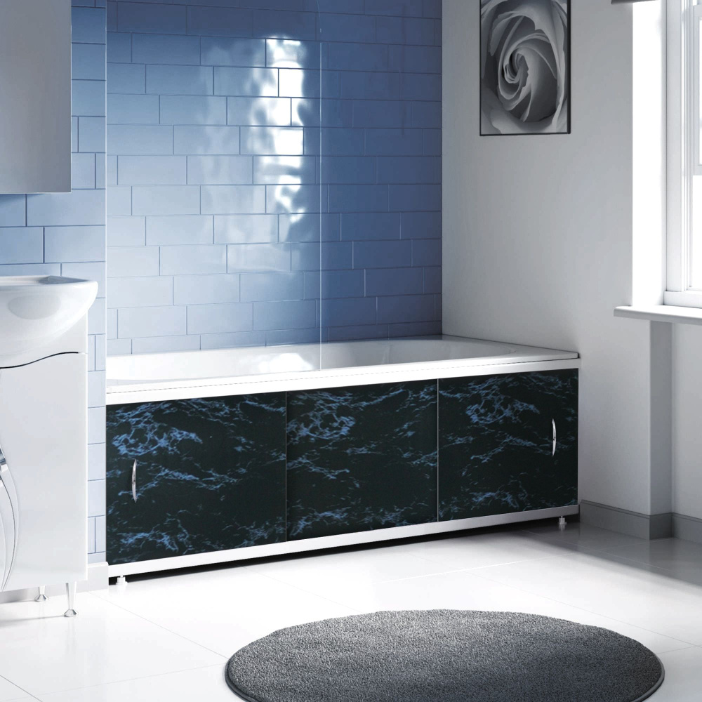 Экран пластиковый под ванну Elegant170, алюминиевый профиль, фасад ПВХ панель, цвет черный мрамор  #1