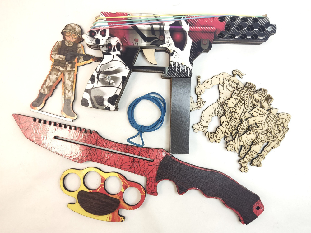 Набор деревянного оружия, пистолет резинкострел, кастет, нож, мишени и резинки в подарок  #1