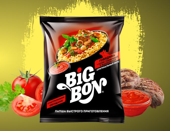 Лапша быстрого приготовления BIG BON говяжья + соус томатный с базиликом 75 г х 12 штук  #1