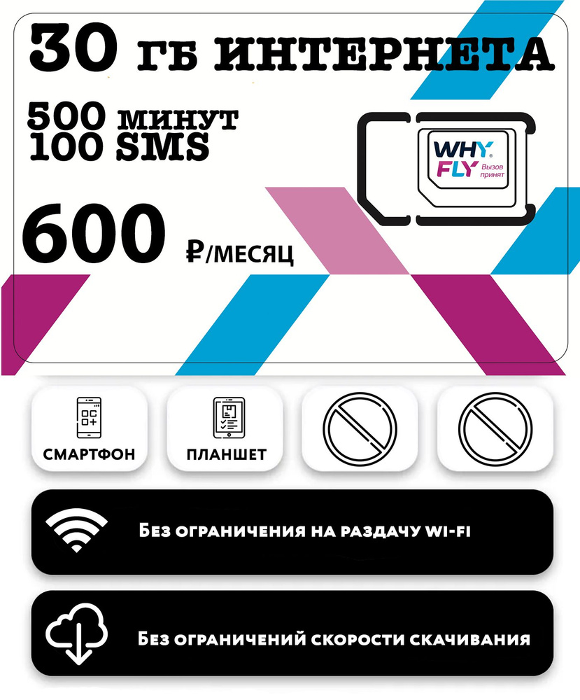 WHYFLY SIM-карта с 30 гб интернета 3G/4G/LTE + 500 мин + 100 смс за 600 руб/месяц (смартфоны, планшеты) #1