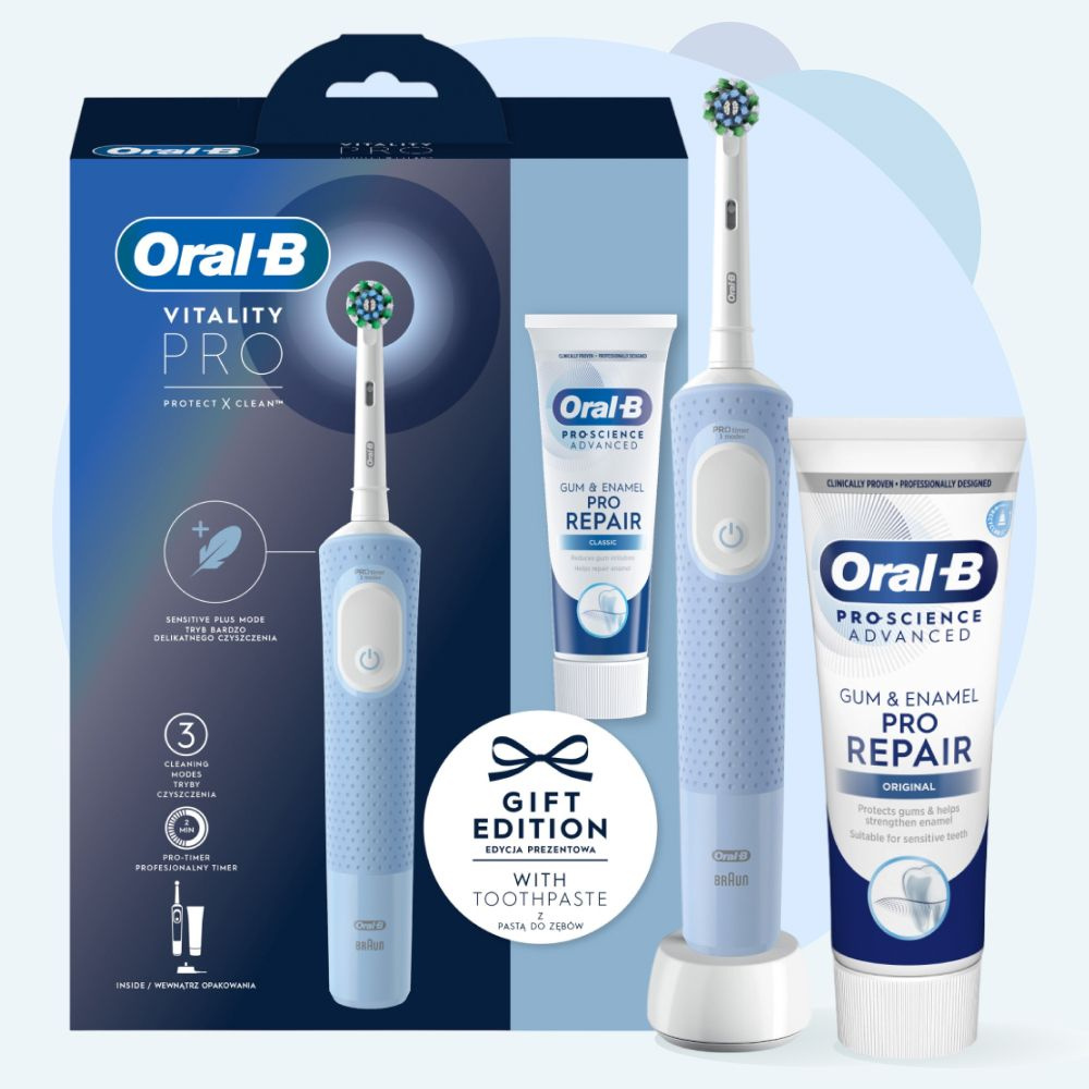 Электрическая зубная щетка Oral-B Vitality Pro Protect X Clean Vapor Blue + зубная паста Gum and Enamel #1