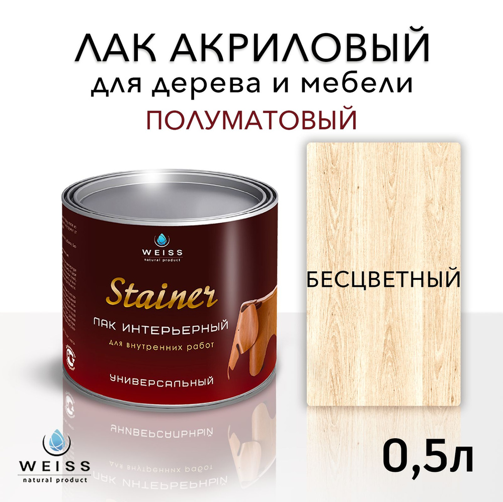 Лак интерьерный бесцветный, полуматовый, для дерева и мебели, Weiss natural product, без запаха, самовыравнивающийся, #1