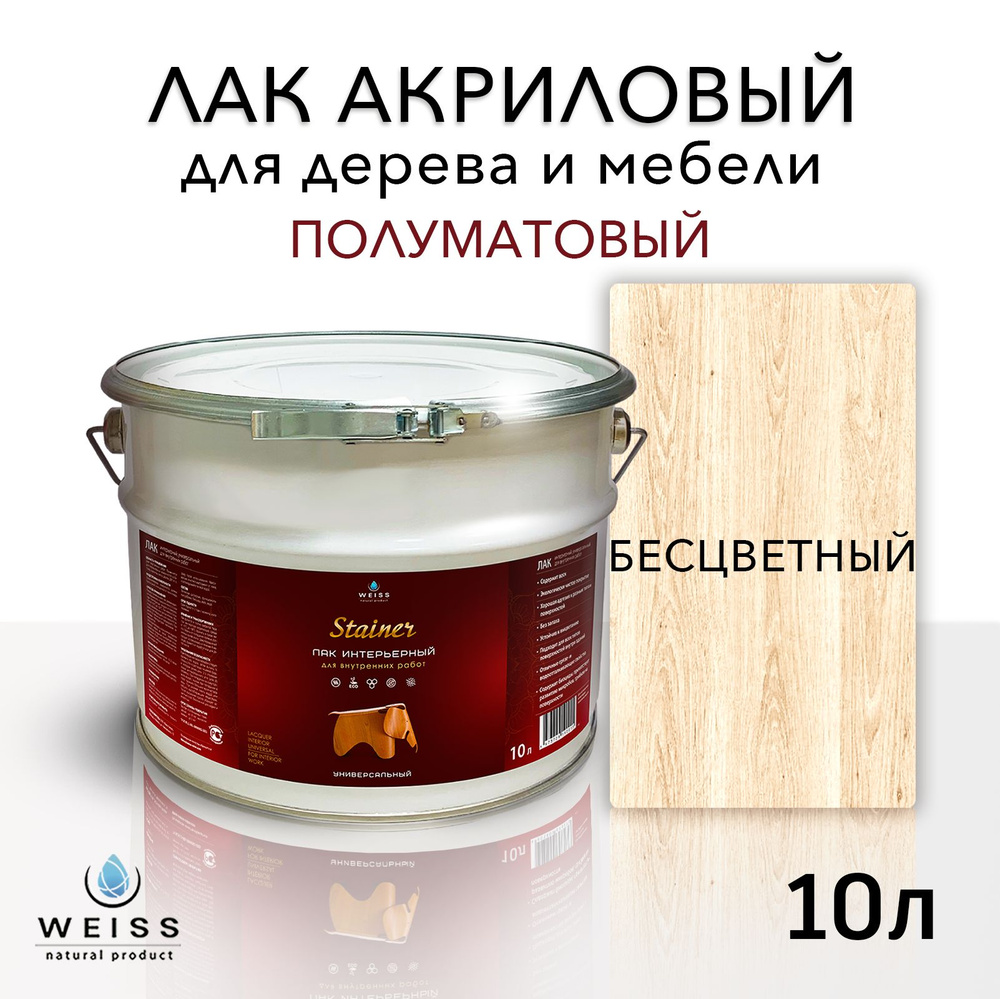 Лак для дерева акриловый бесцветный полуматовый, Weiss natural product без запаха самовыравнивающийся #1