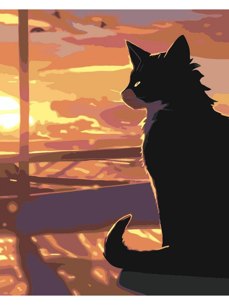 Картина по номерам Вдумчивый кот на закате на холсте с деревянным подрамником размер 40х50, акриловые #1