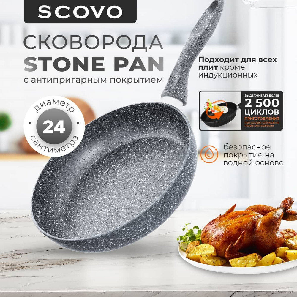 Сковорода 24 см SCOVO Stone Pan 1,7 л алюминиевая с антипригарным покрытием с фиксированной ручкой  #1