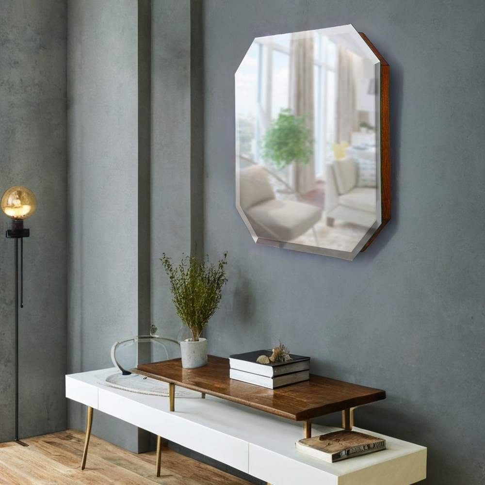 Зеркало настенное интерьерное на деревянной раме с фацетом 45*45 см, цвет Древесный уголь  #1