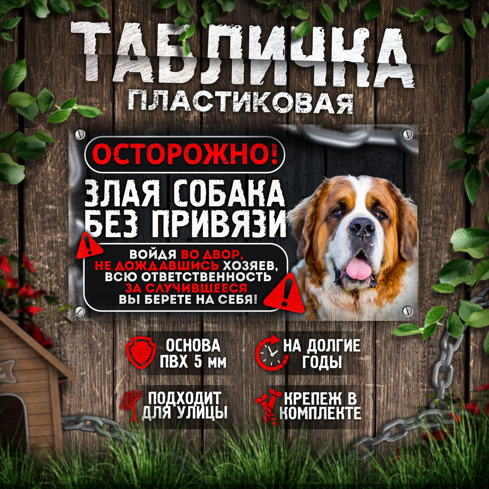 Табличка, на забор, DANGER DOG, Осторожно! Во дворе собака без привязи, Сенбернар, 25x14 см  #1