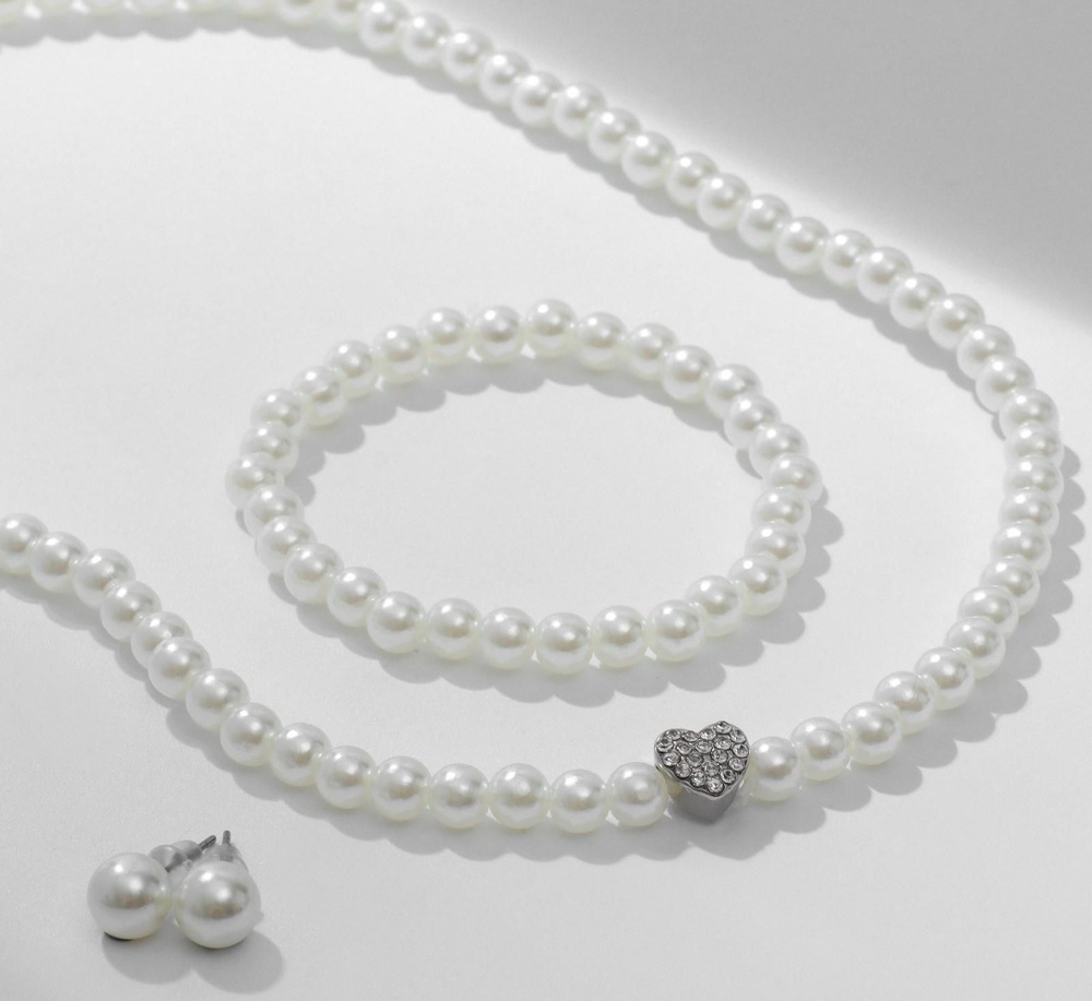Набор 3 предмета: серьги, бусы, браслет Жемчуг сердце, цвет белый в серебре, 45 см  #1