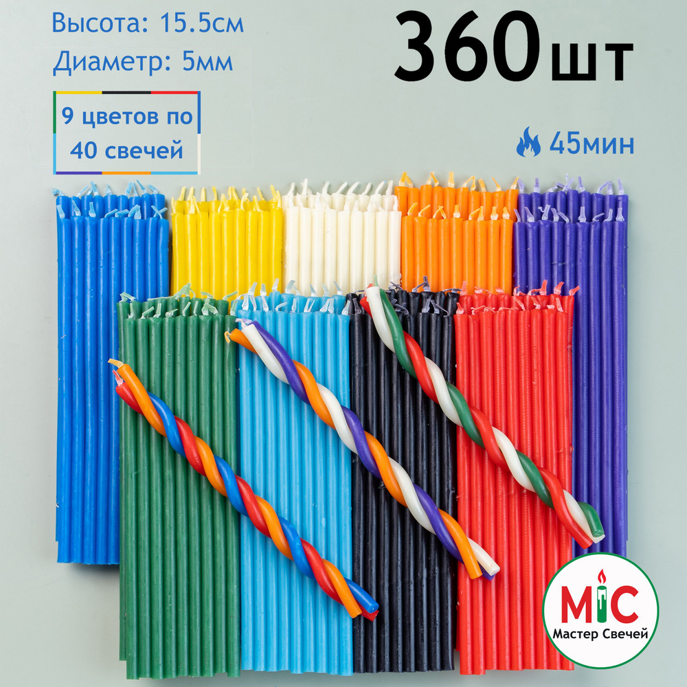 Свечи восковые цветные 360шт для ритуалов и скруток, набор 9 цветов по 40 свечей  #1