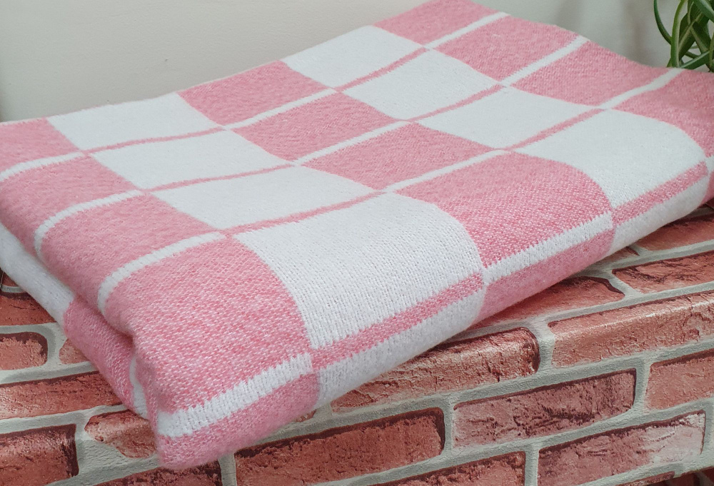Одеяло п-ш 50% шерсть 50% ПЭ 140х205, бело-розовая клетка ОПШ-2 #1