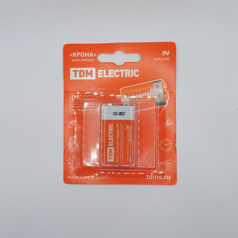 TDM Electric Батарейка Крона (6LR61, 1604A), Щелочной тип, 1 шт #1