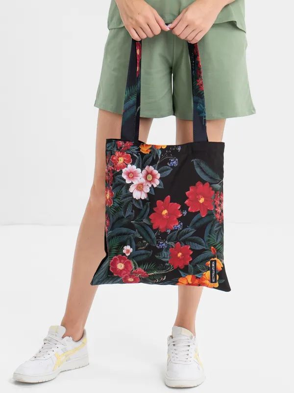 Легкая сумка-шоппер с полной заливкой и цветными ручками "Полуночные цветы"  #1