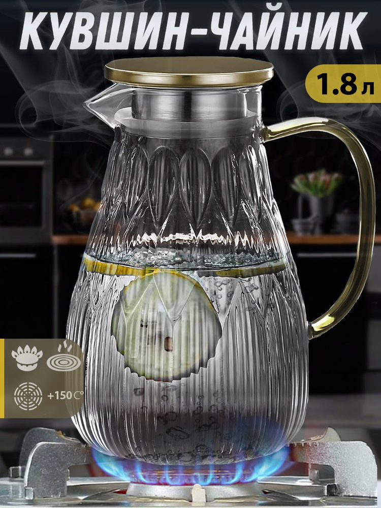 Кувшин для воды для напитков с фильтр-крышкой/ графин для воды/ чайник стеклянный жаропрочный из боросиликатного #1