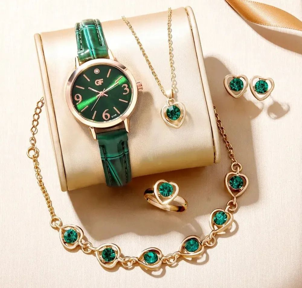 Набор женских украшений из 6-ти предметов, наручные часы, кольцо, серьги, ожерелье с кулоном, браслет #1