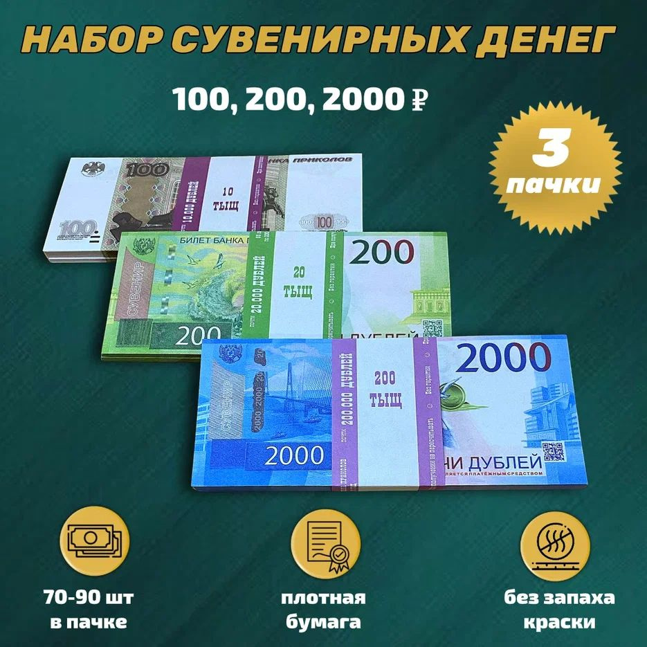 Набор № 2 Сувенирные деньги Рубли (2000, 200, 100 рублей) #1