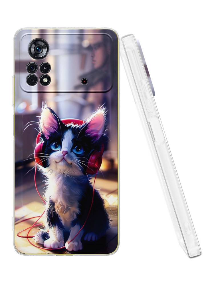 Силиконовый чехол Mcover для Poco X4 Pro (Поко Х4 Про 5Джи), A kitten with headphones  #1