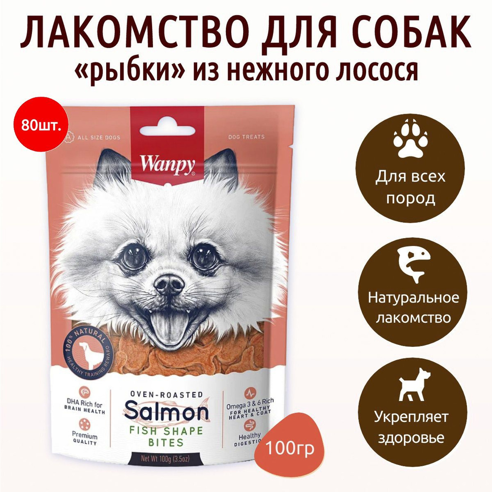 Wanpy Dog 8000 г (80 упаковок по 100 грамм) лакомые кусочки из нежного лосося в форме рыбок. Ванпи Дог #1