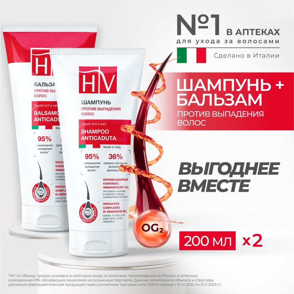 Hair Vital Набор для волос: шампунь и бальзам против выпадения, 200 мл.*200 мл. Италия  #1