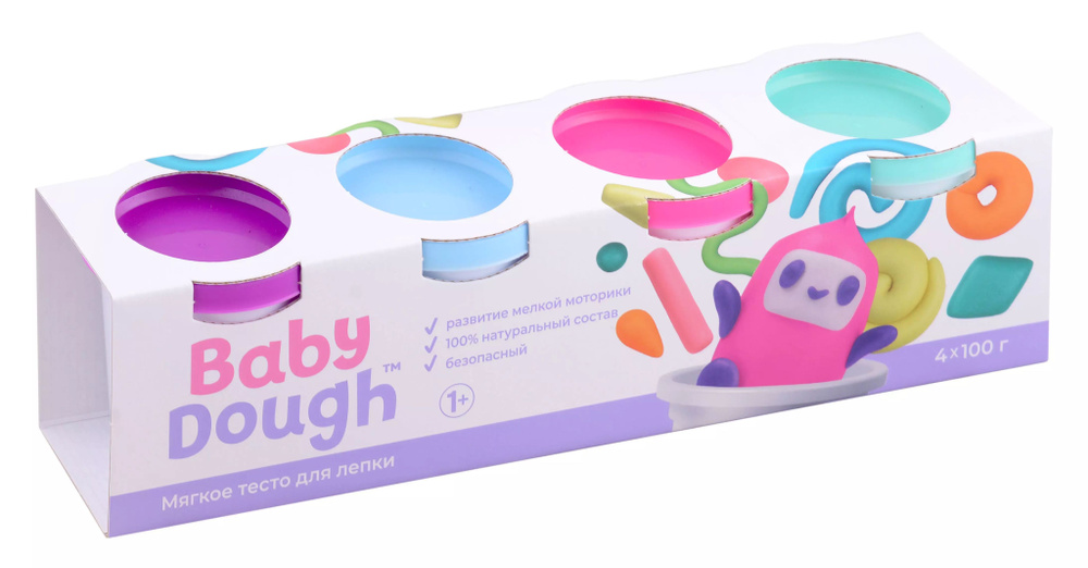 Тесто для лепки BabyDough. Набор 4 цвета (фиолетовый, мятный, розовый, нежно-голубой)  #1
