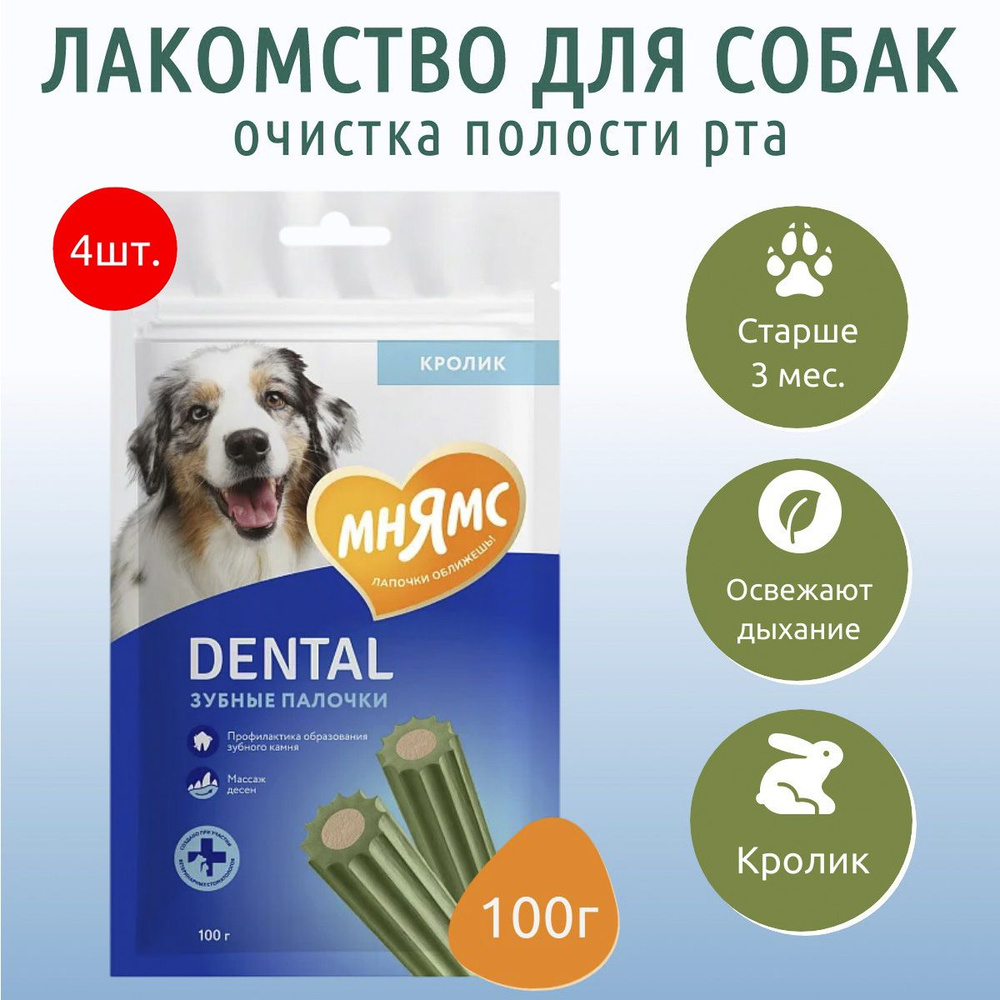 Лакомство Мнямс DENTAL 400 г (4 упаковки по 100 грамм) для собак "Зубные палочки" с хлорофиллом  #1