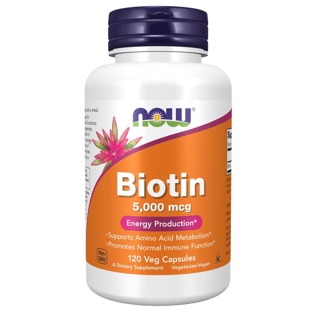 NOW Biotin 5000 мкг, Витамин В7-Биотин, 120 капсул #1