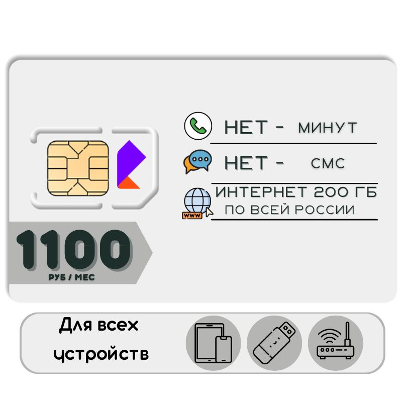 SIM-карта Сим карта Безлимитный интернет - 200 ГБ - 1100 руб. в месяц для любых устройств YA1TP43RST #1