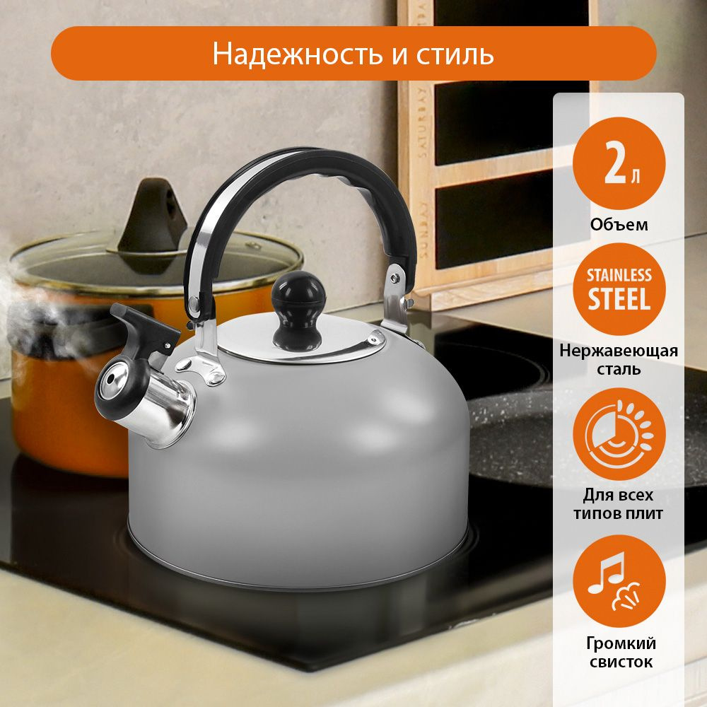 Чайник со свистком HOME ELEMENT HE-WK1602, 2л, нерж. сталь, светло-серый матовый  #1