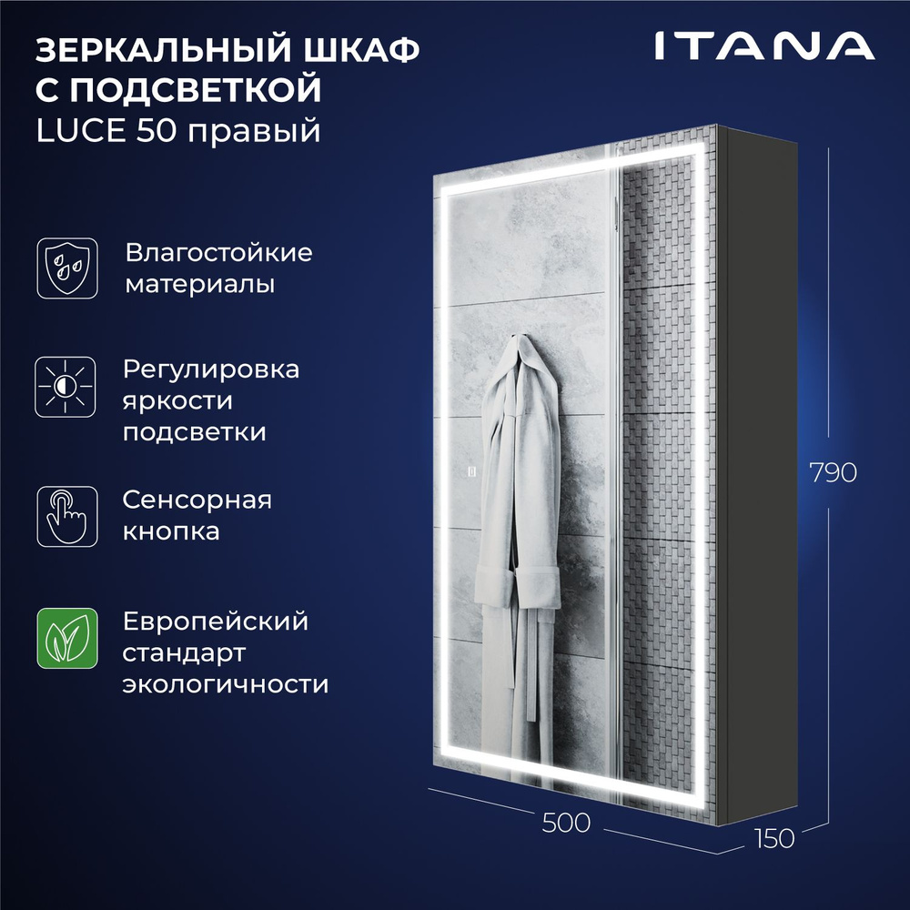 Зеркальный шкаф с подсветкой Итана Luce 50 500х150х790 правое Серый темный  #1