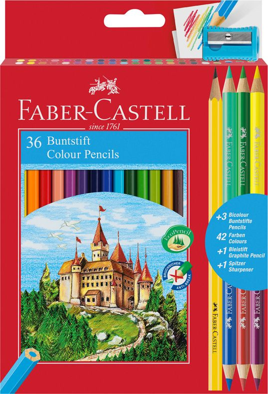 Карандаши цветные Faber-Castell "Замок", 36цв., шестигр., заточ.+6цв.+ч/г кар.+точилка, картон, европодвес #1