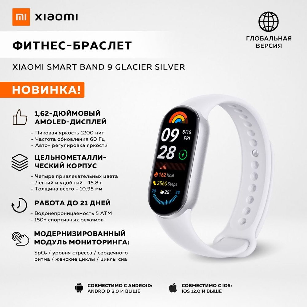 Фитнес браслет Xiaomi Smart Band 9 Glacier Silver, белый / модель: M2345B1 / BHR8340GL глобальная версия #1