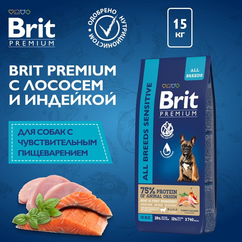 BRIT PREMIUM Сухой корм с лососем и индейкой для собак всех пород с чувствительным пищеварением "Dog #1