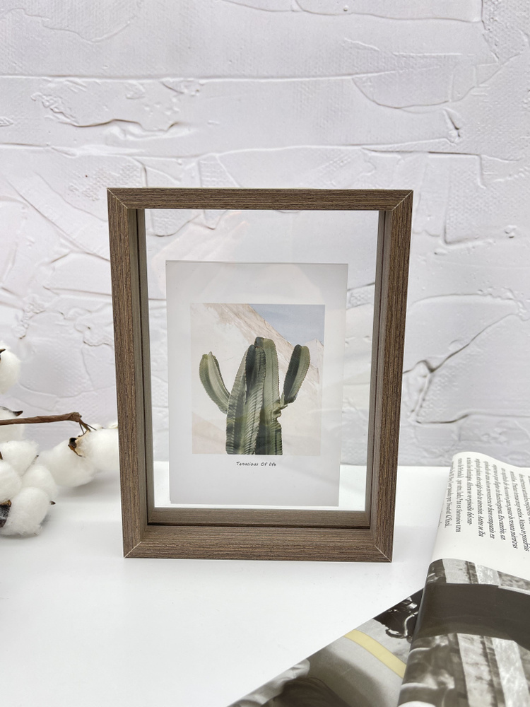 Фоторамка деревянная настольная Cactus, brown, 13х18 см / рамка для фото, вышивки, рисунков  #1