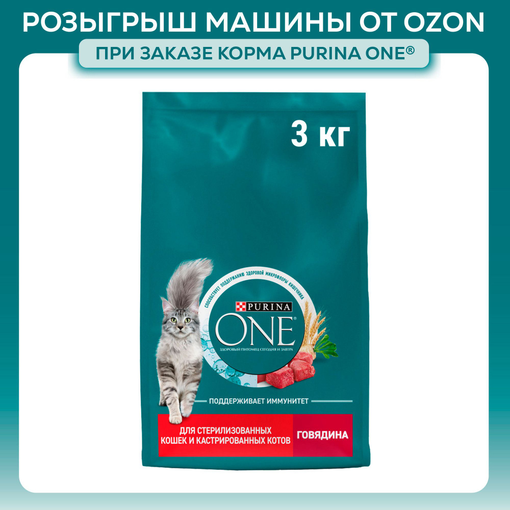 Сухой корм для кошек Purina ONE для стерилизованных, с говядиной и пшеницей, 3 кг  #1